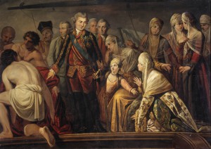 Неизвестный художник второй половины XVIII века. Граф Алексей Григорьевич Орлов после Чесменского боя. Холст, масло. 121х172. ГТГ